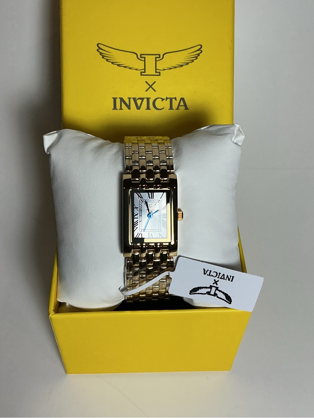 Invicta Gold Rectangular Bracelet Watch with Blue Accents